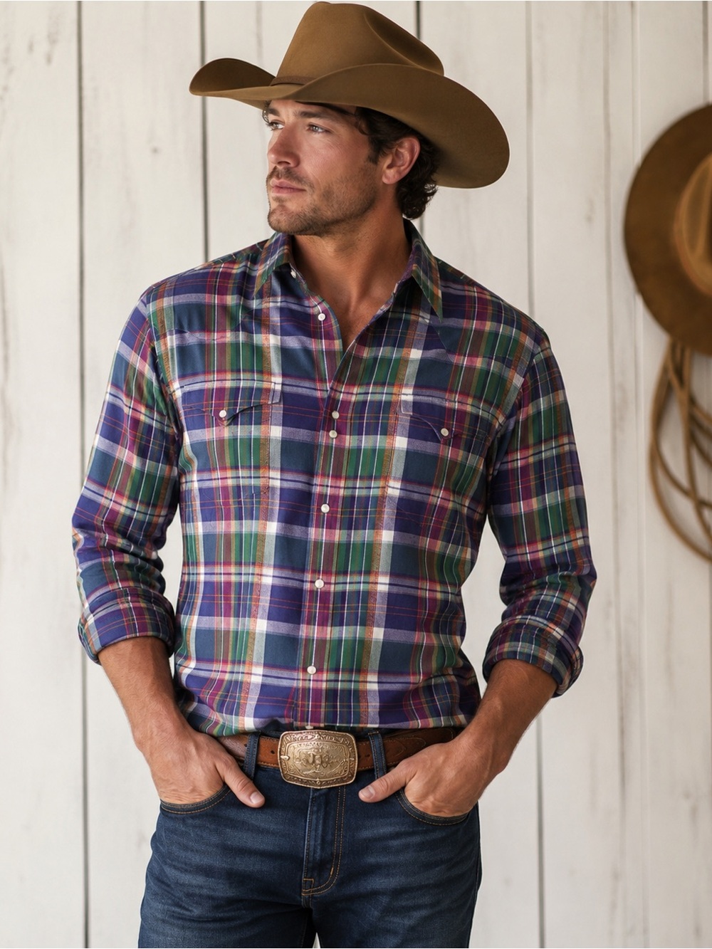 Vintage Polo Ralph Lauren Purple Plaid Pearl Snap Western Cowboy Shirt L Ranch